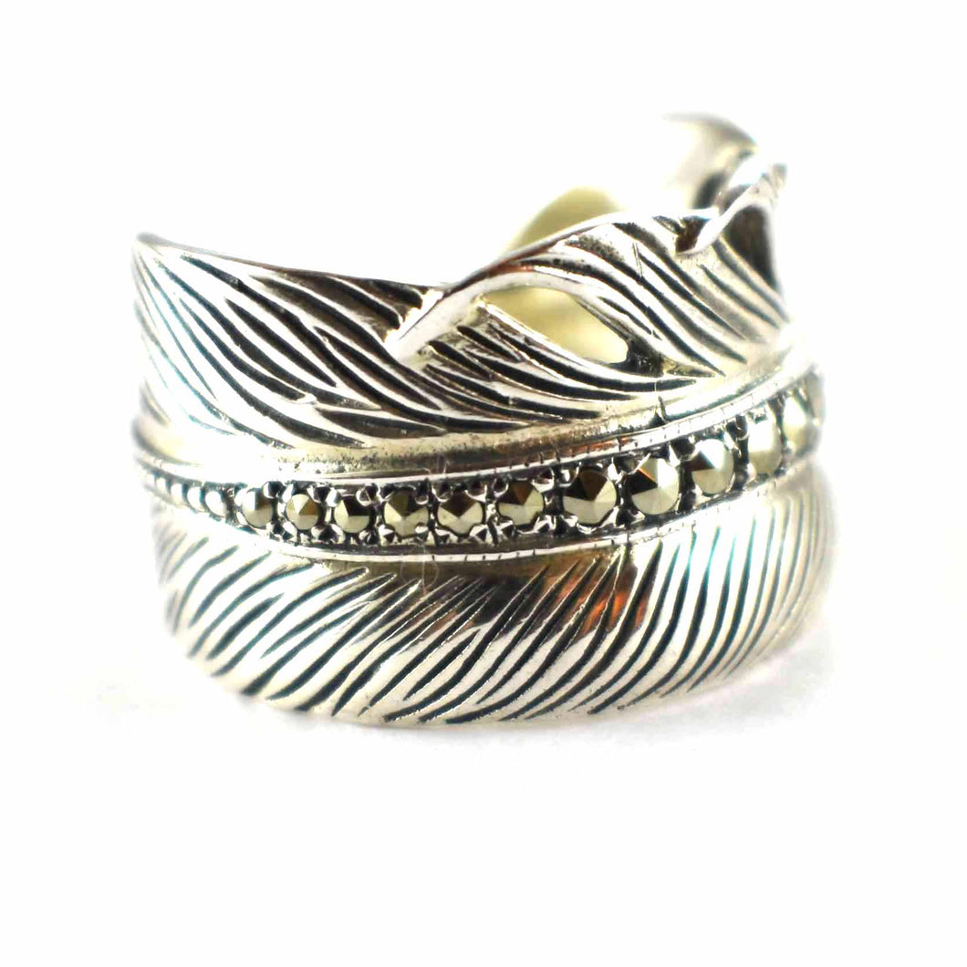 Feather silver ring with marcasite & silver oxidize
