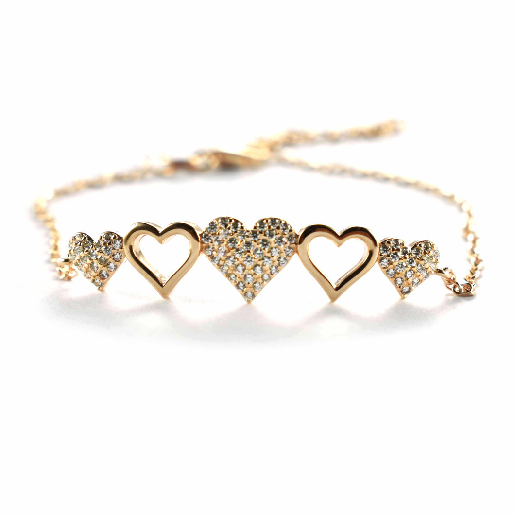 Five heart silver bracelet with pink gold plating