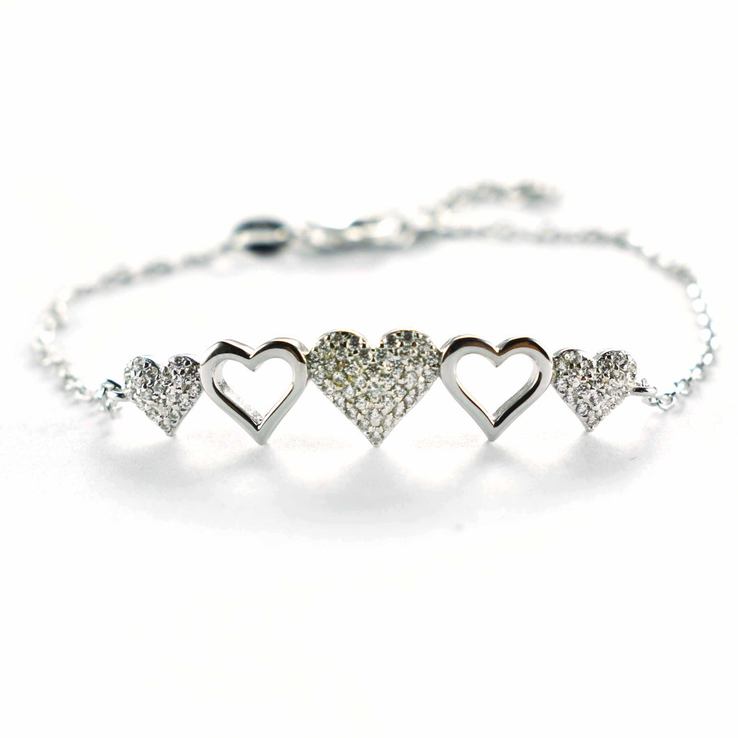 Five heart silver bracelet with white CZ