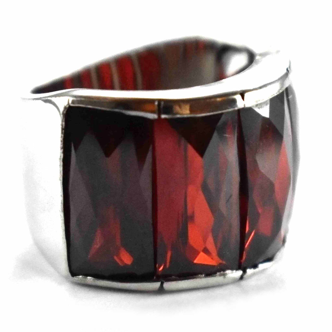 Five rectangle dark red cubic zirconia silver ring