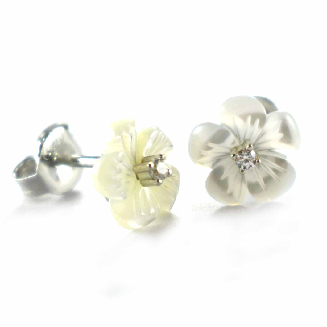 Flower pattern silver earring with mother of pearl & white CZ