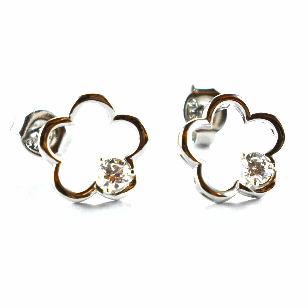 Flower stud silver earring with one white CZ