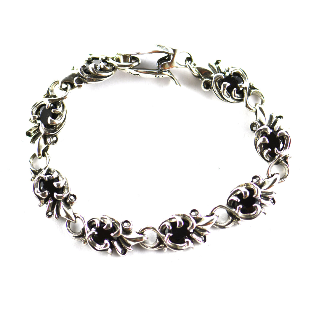 Flower pattern silver bracelet with black CZ