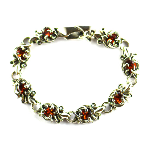 Flower pattern silver bracelet with red CZ
