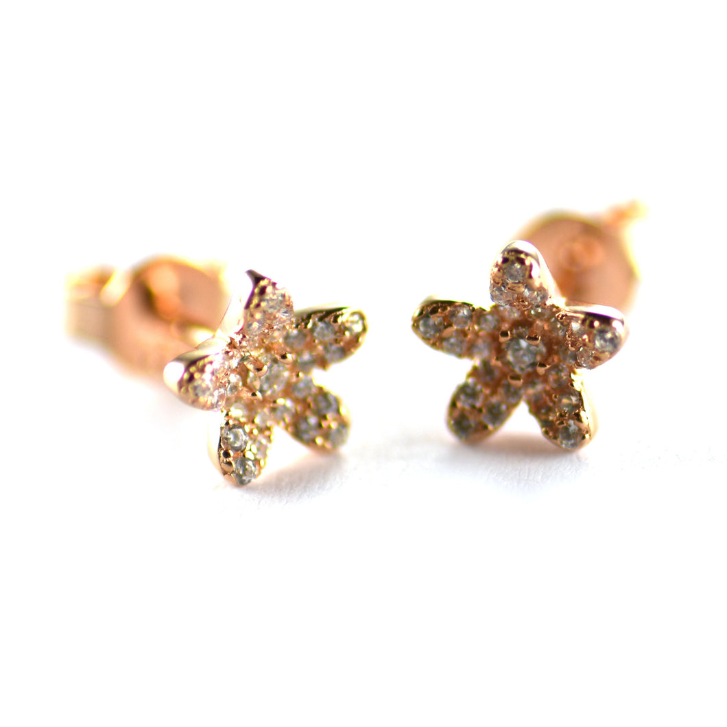 Flower silver studs earring with full of CZ & pink gold plating