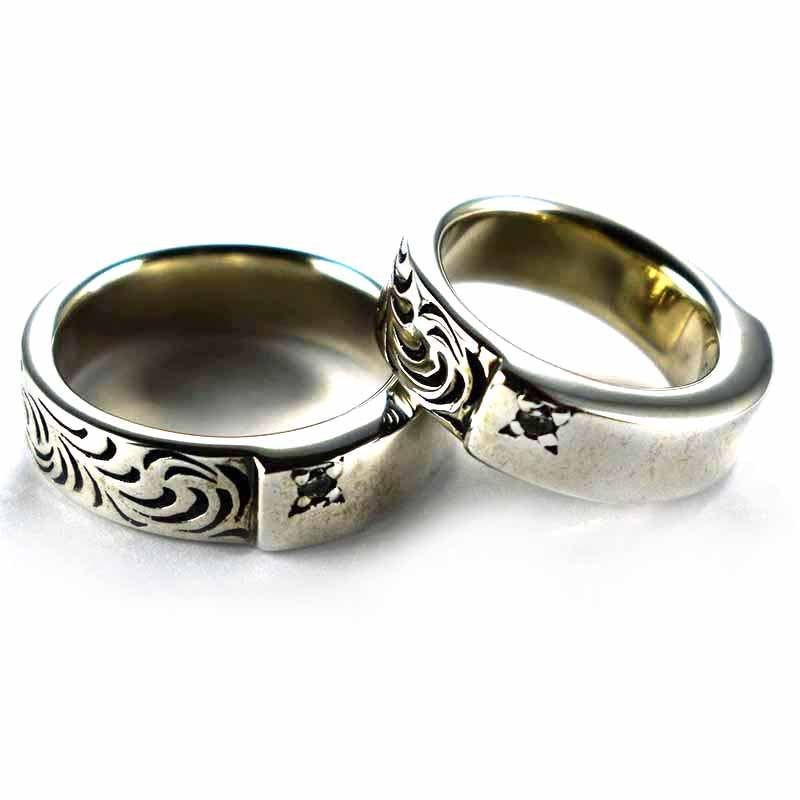 Grass & Plain pattern silver couple ring