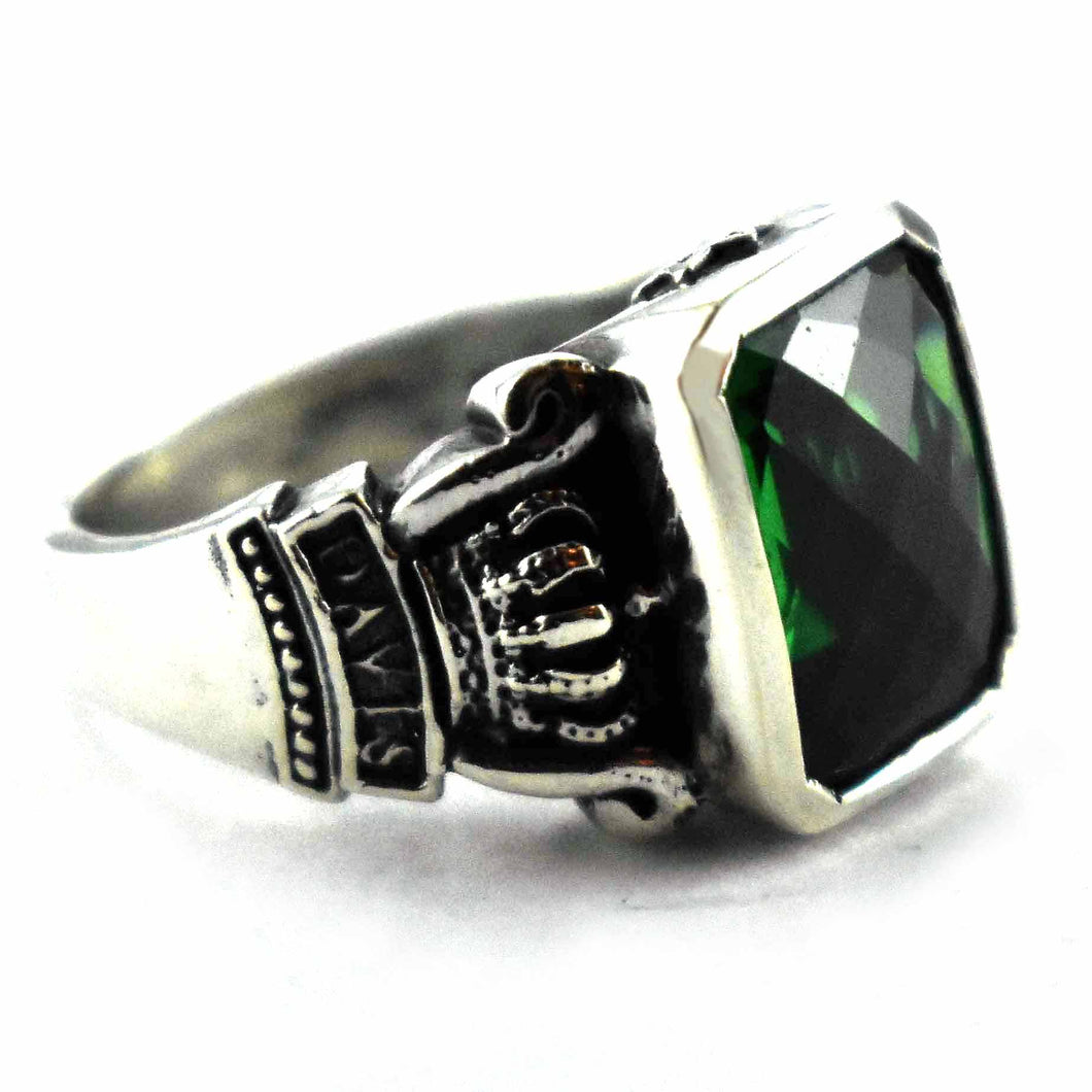 Green cubic zirconia with crown pattern silver ring