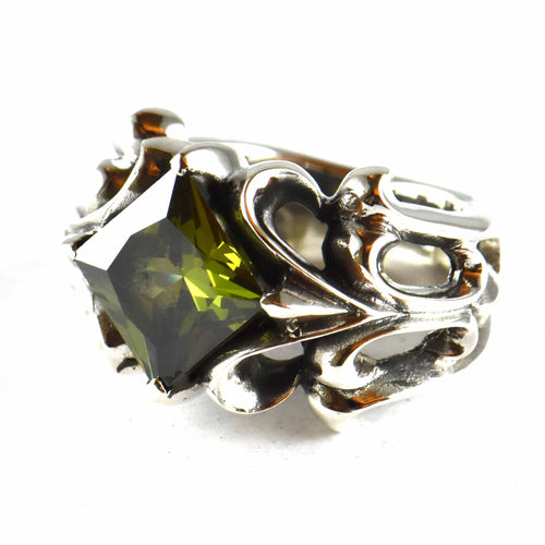 Green square CZ silver ring