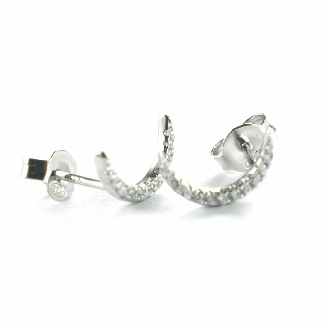 Half circle stud silver earring with white CZ