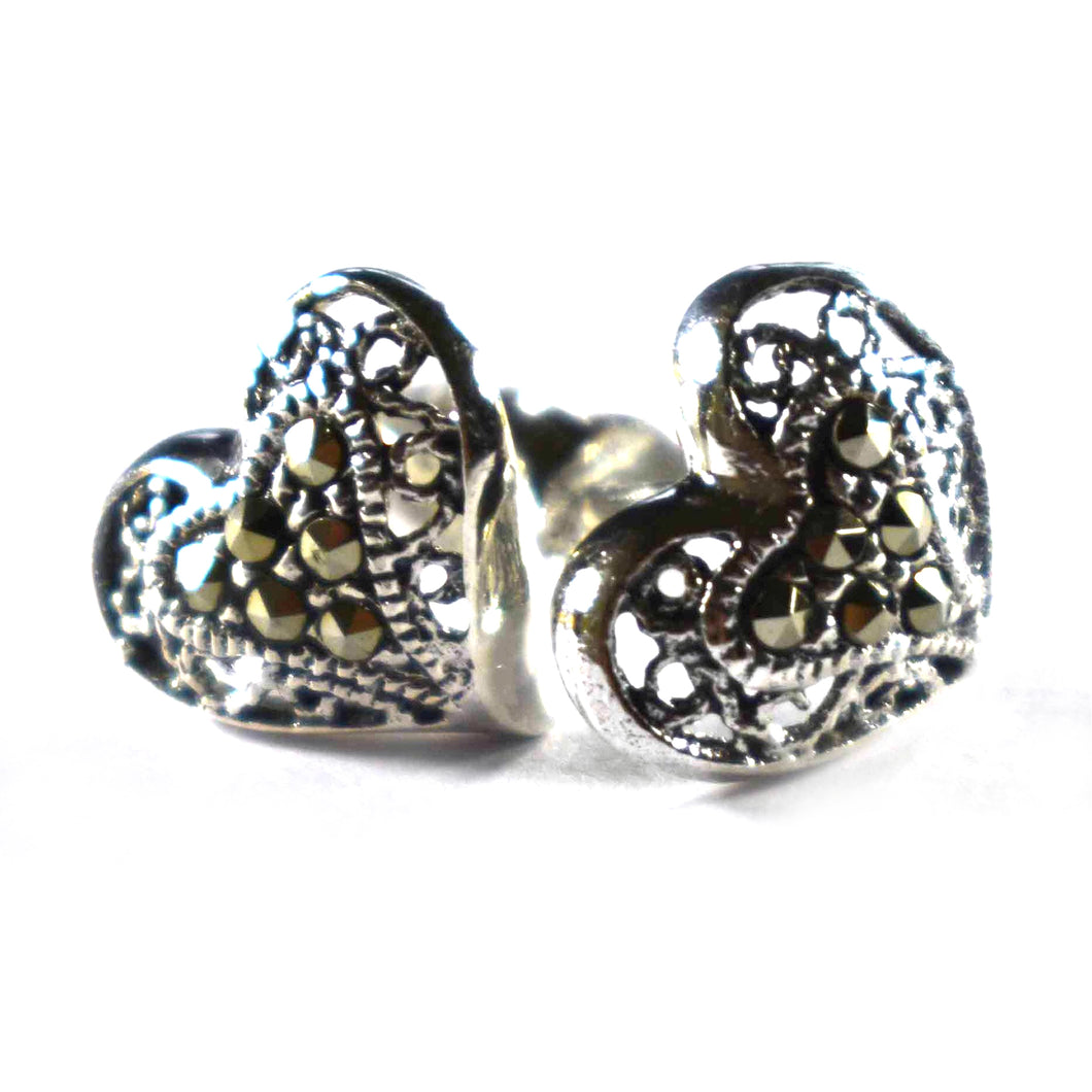 Heart pattern silver earring with macasite & oxidizing