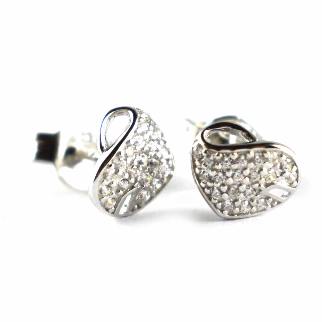 Heart silver earring with small CZ & platinum plating