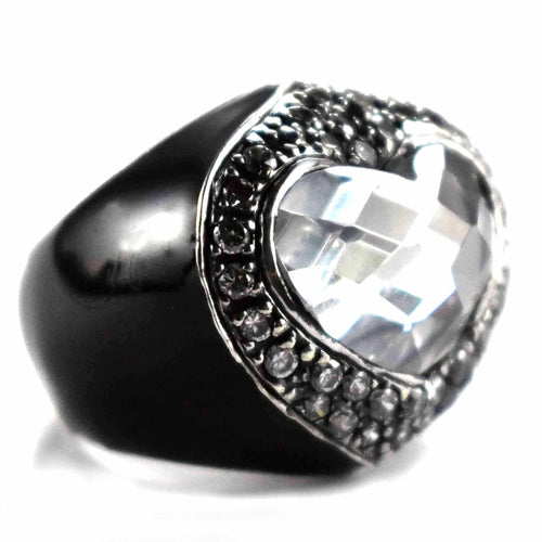 Heart white cubic zirconia with diamond cut enamel silver ring