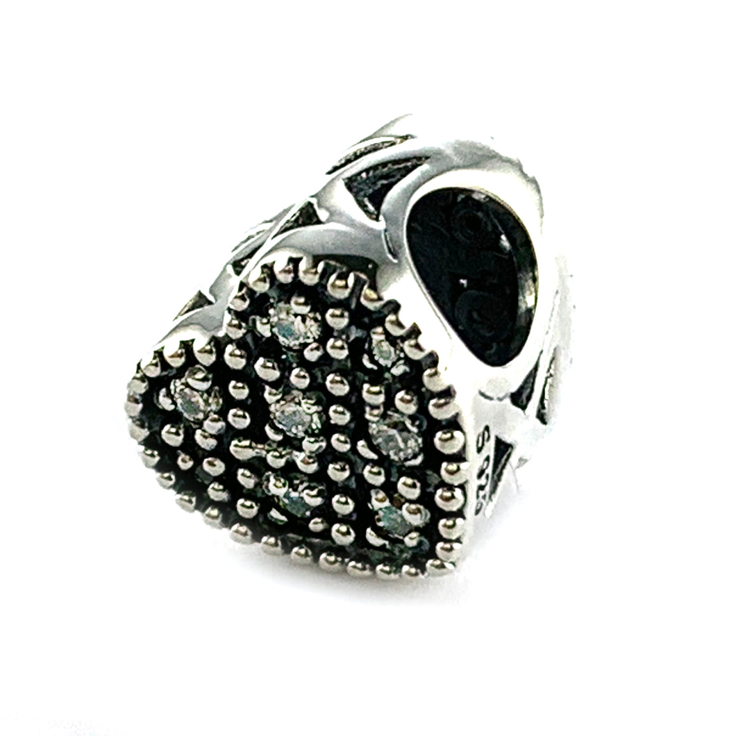 Heart silver beads with white cubic zirconia