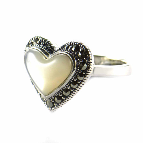 Heart silver ring with mother of pearl & marcasite