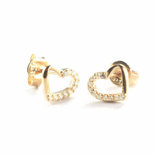 Heart silver stud earring with half of CZ & pink gold plating
