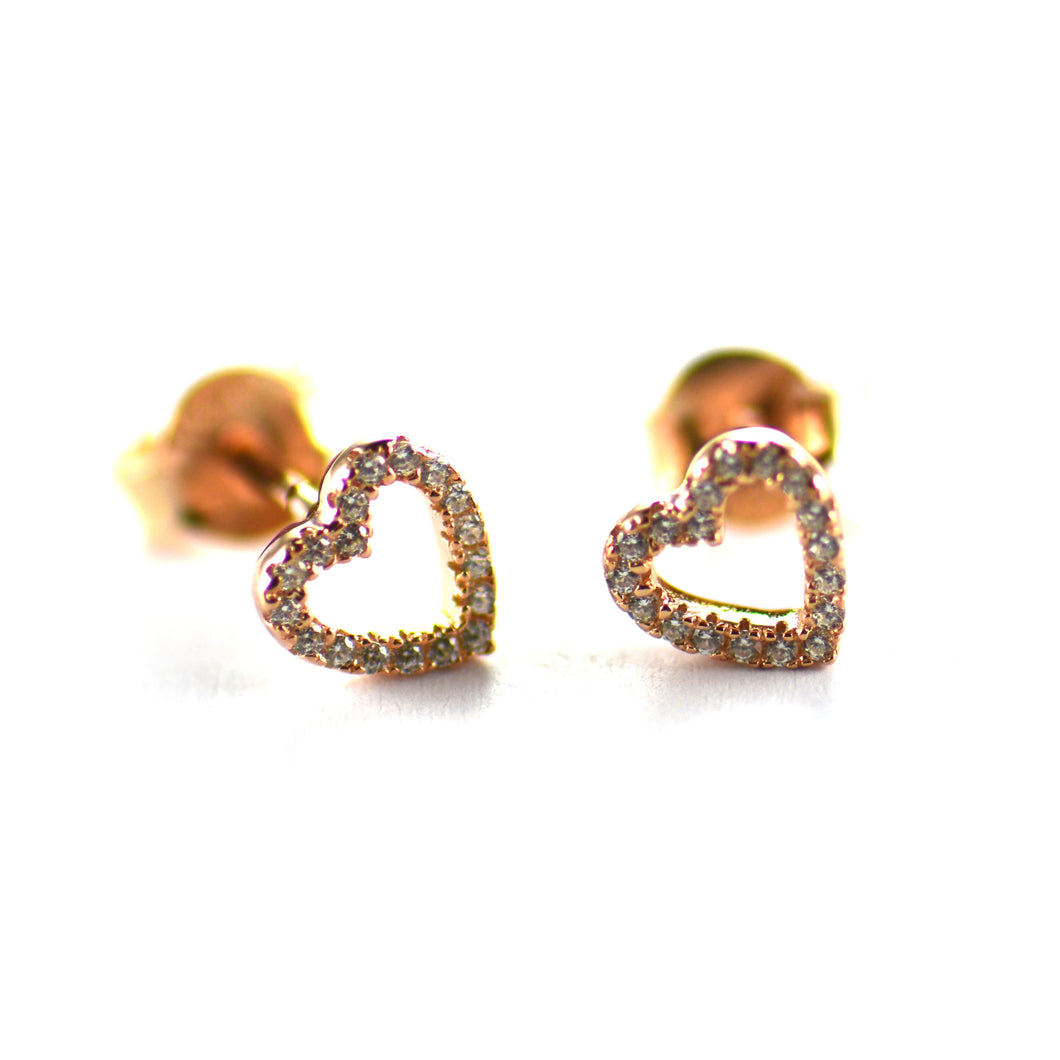 Heart silver stud earring with white CZ & pink gold plating