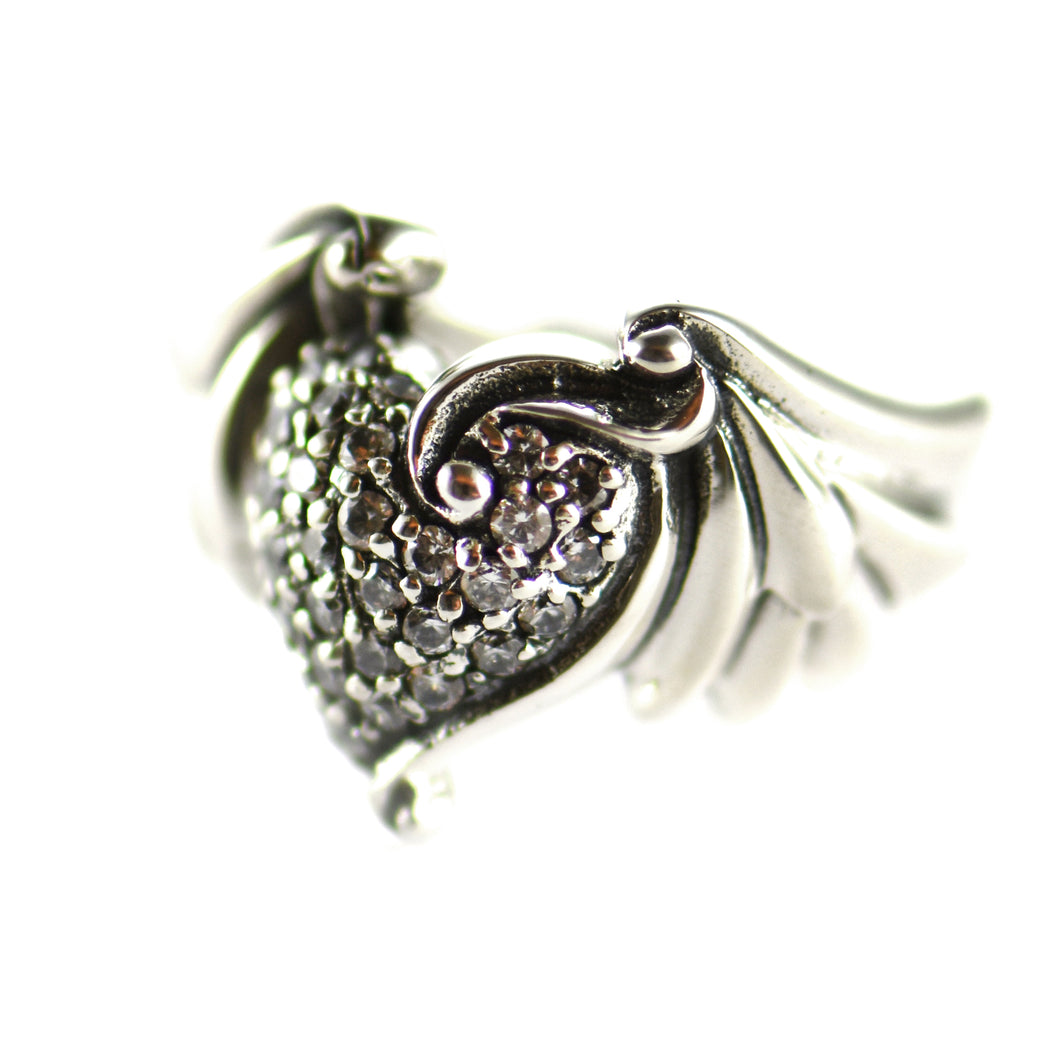 Heart with wing silver ring with small CZ