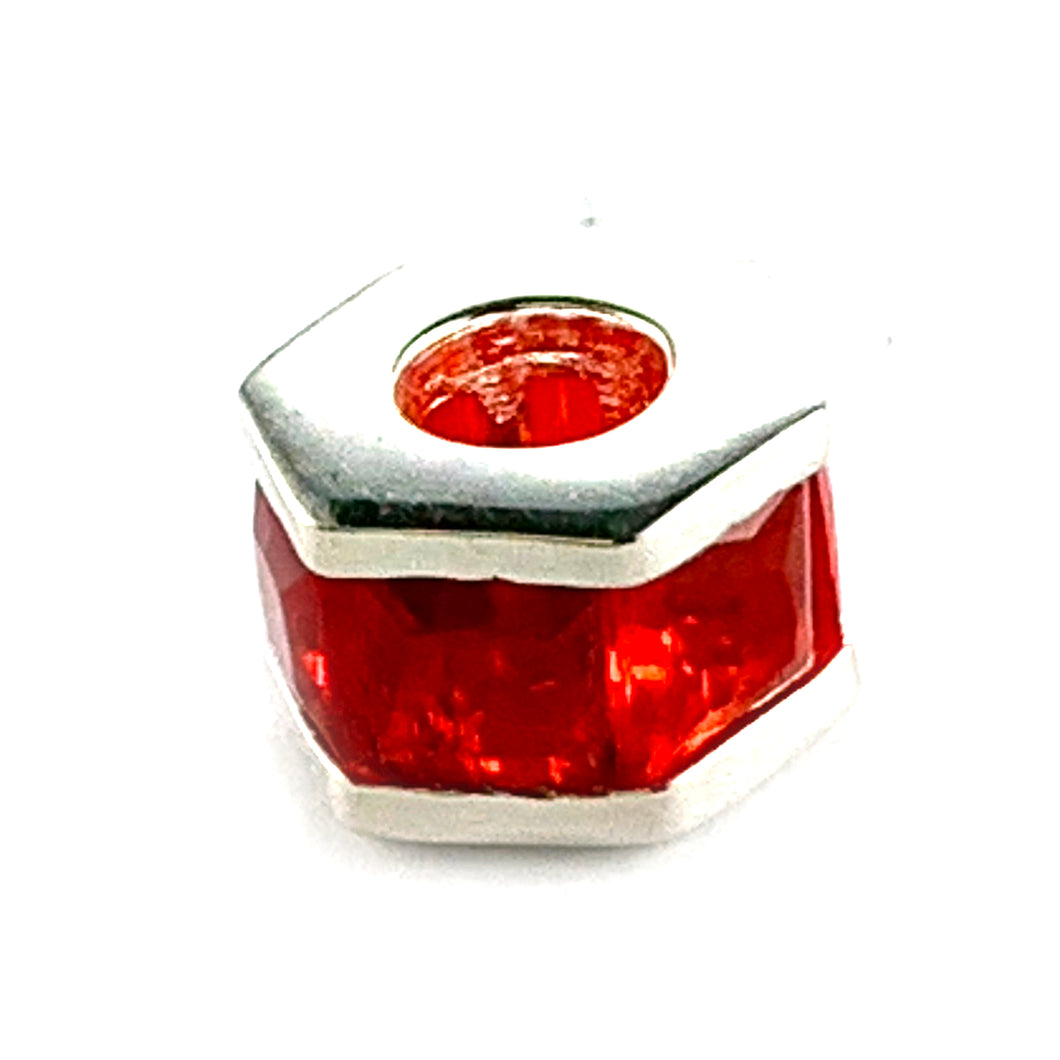 Hexagon silver beads with red CZ