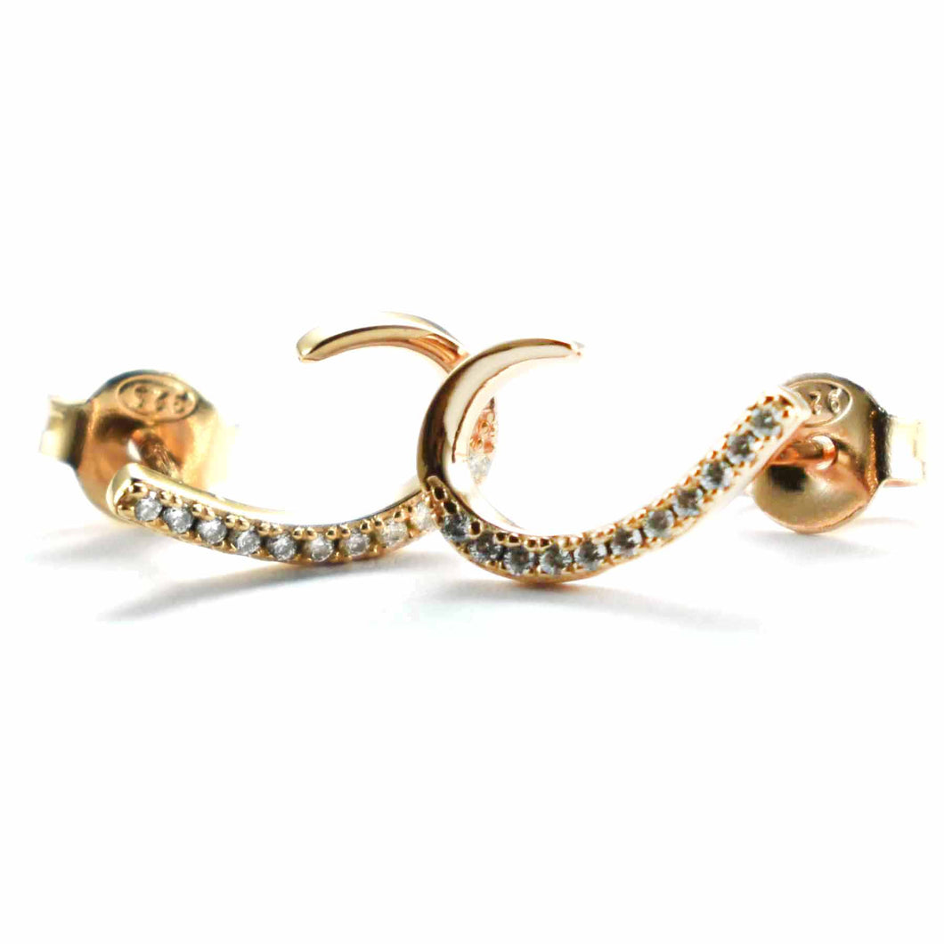 Hook shape silver earring with small white CZ & pink gold plating