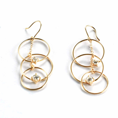 Hook silver earring with 2 CZ & 3 circle & pink gold plating
