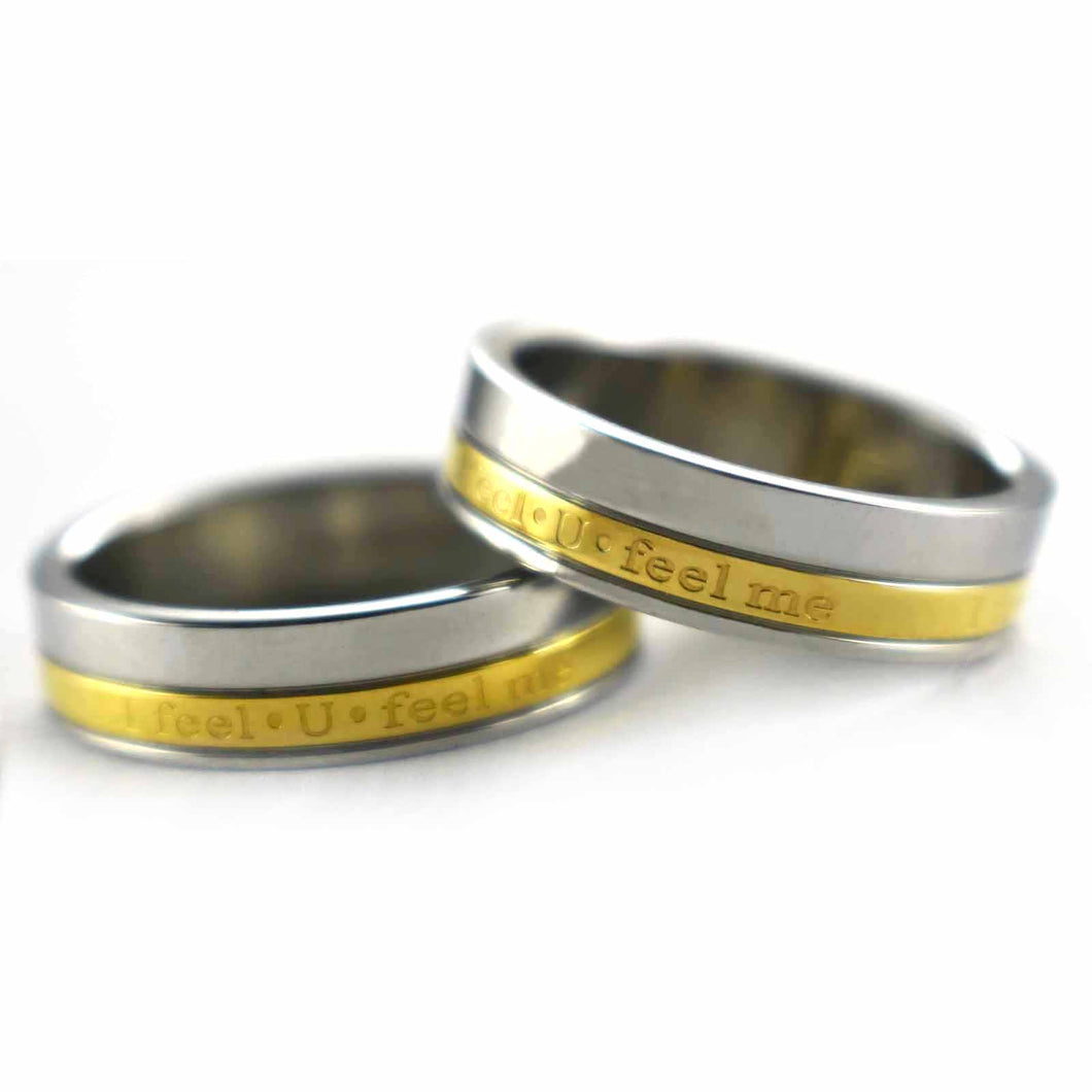 I feel U feel me stainless steel couple ring with gold plating