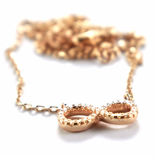 Infinity symbol silver necklace with white CZ & pink gold plating