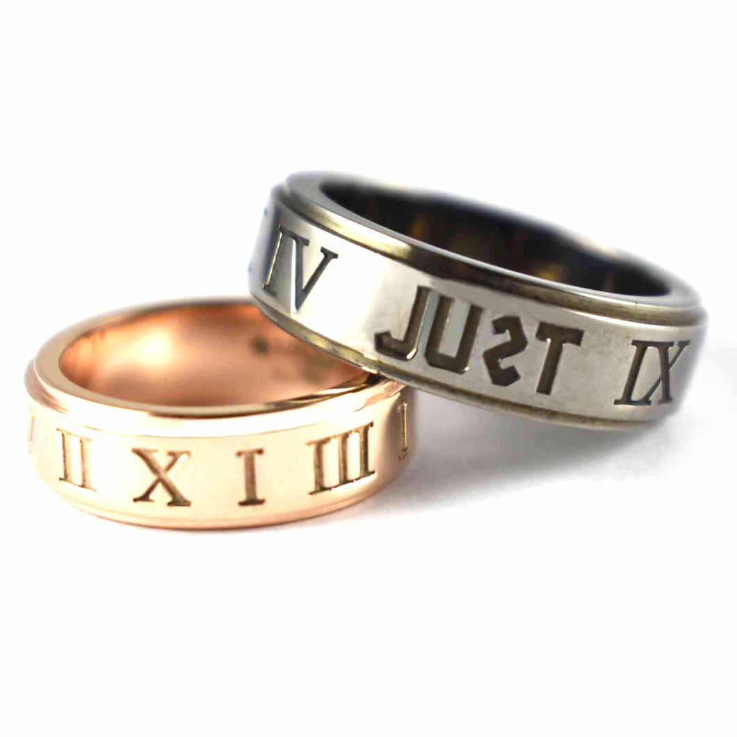 Just925 roman numerals silver couple ring with pink gold & black rhodium plating