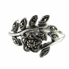 Leave & flower pattern silver ring with marcasite & silver oxidize