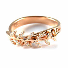 Leave silver ring with CZ & pink gold plating