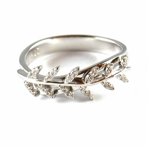 Leave silver ring with white cubic zirconia