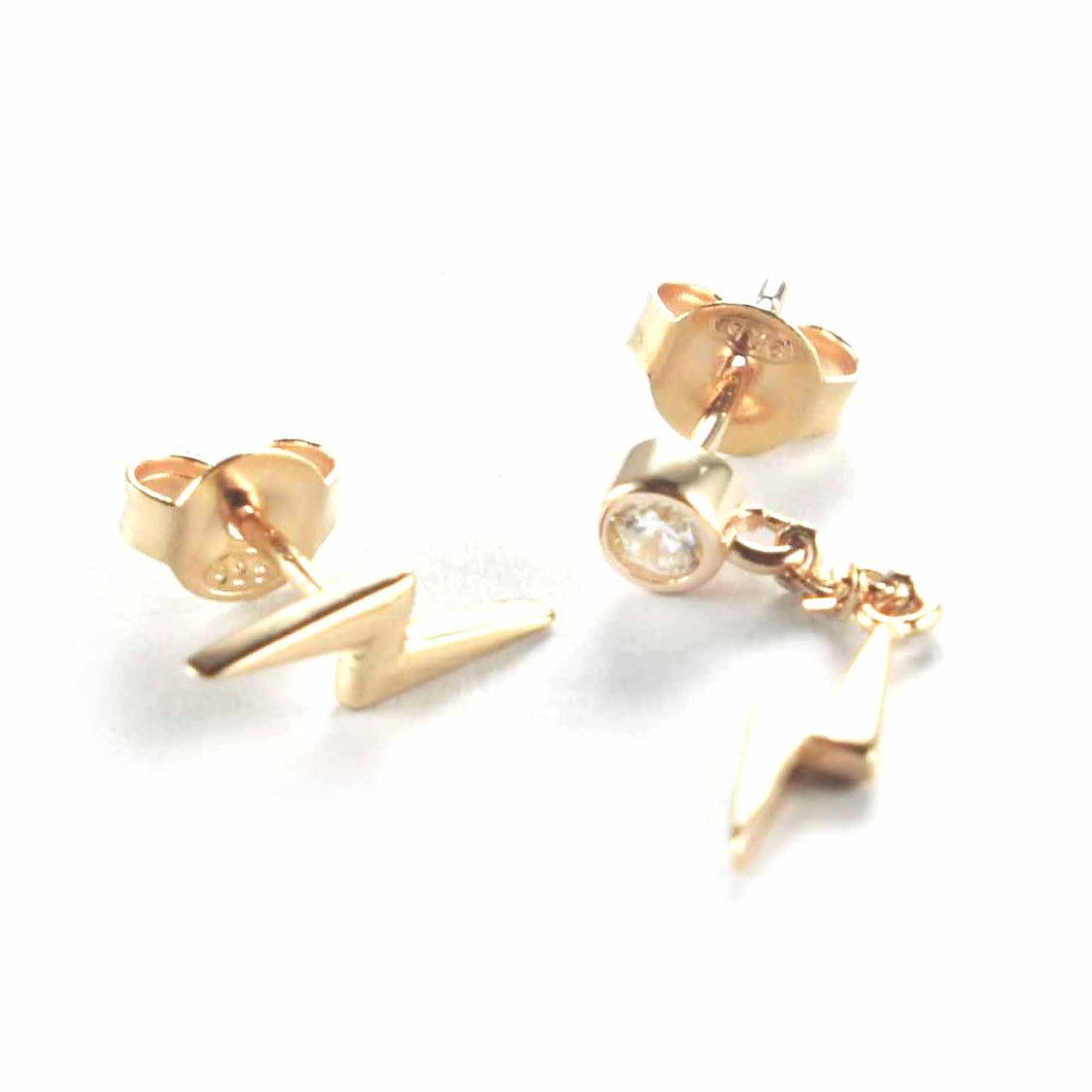 Lighting stud silver earring with chain & pink gold plating