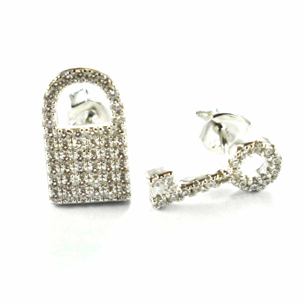 Lock & Key silver stud earring with small CZ