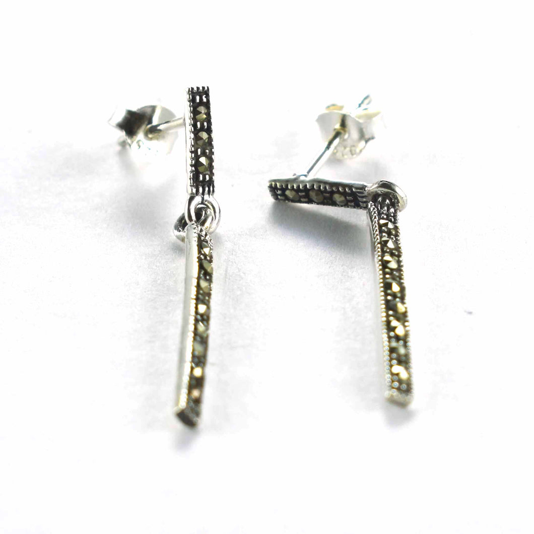 Long string studs silver earring with marcasite