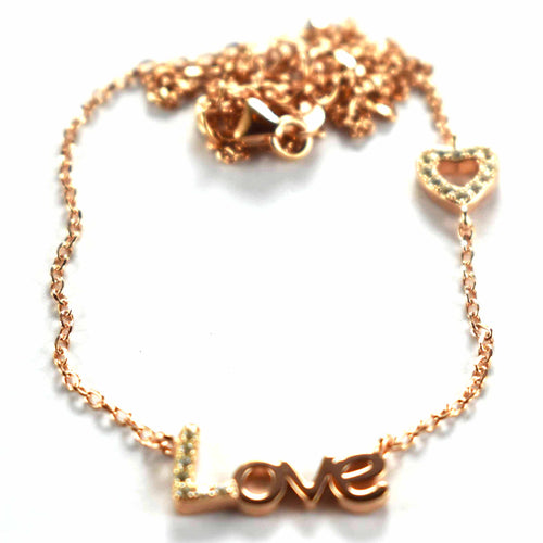 Love silver necklace with white CZ & pink gold plating