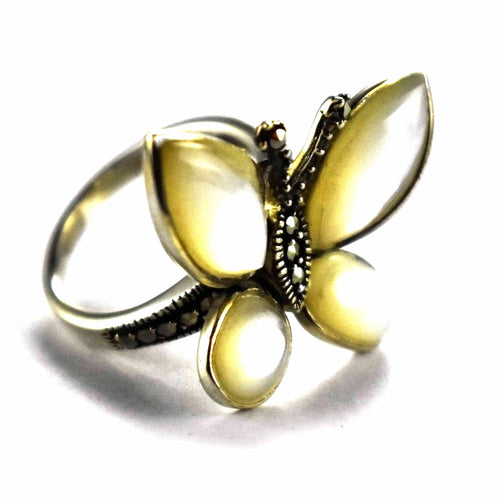 Marcasite with mother of pearl butterfly silver ring