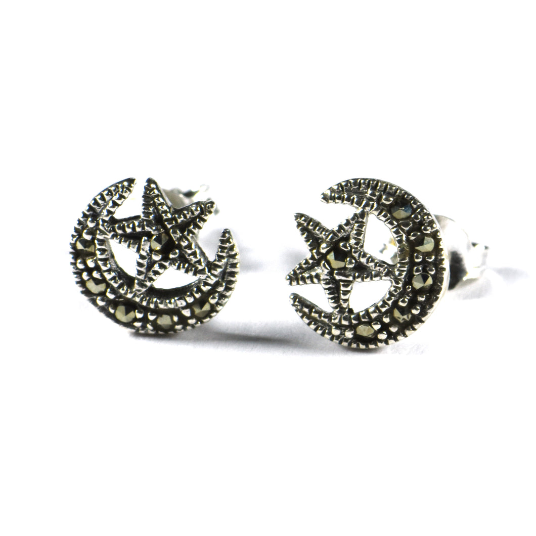 Moon & star silver studs earring with marcasite