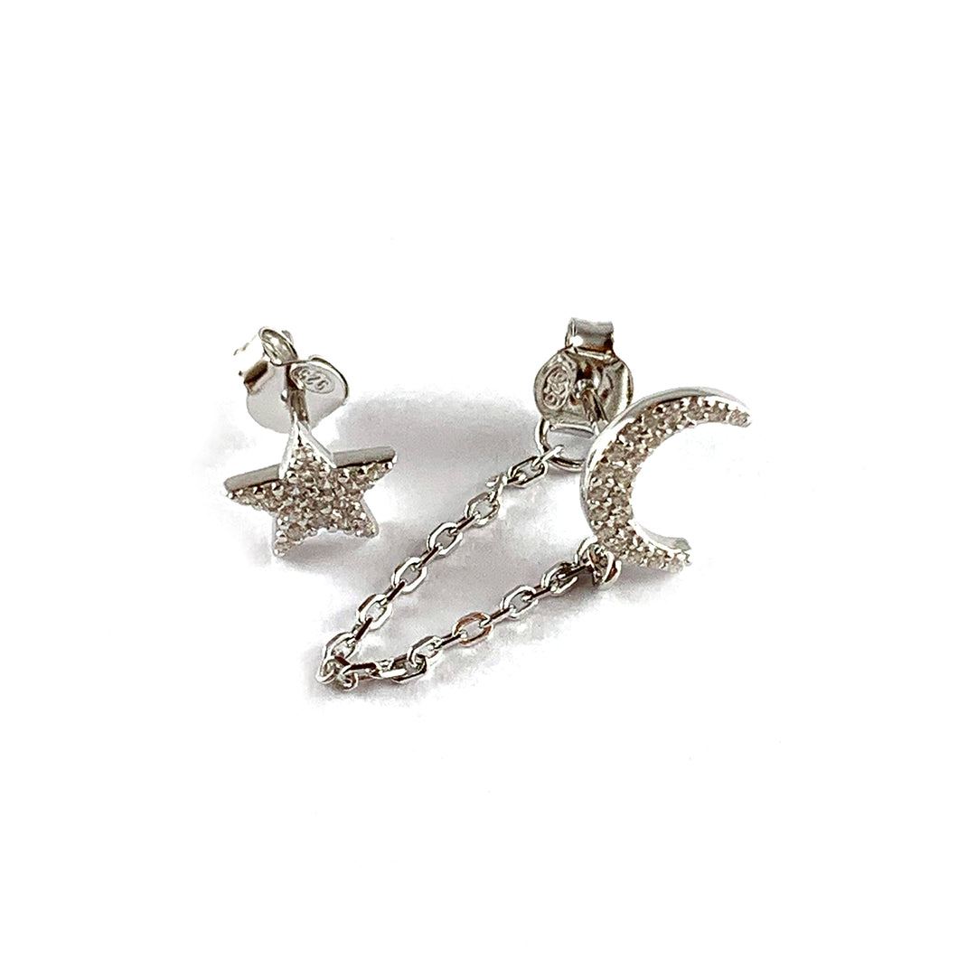 Moon chain star silver studs earring