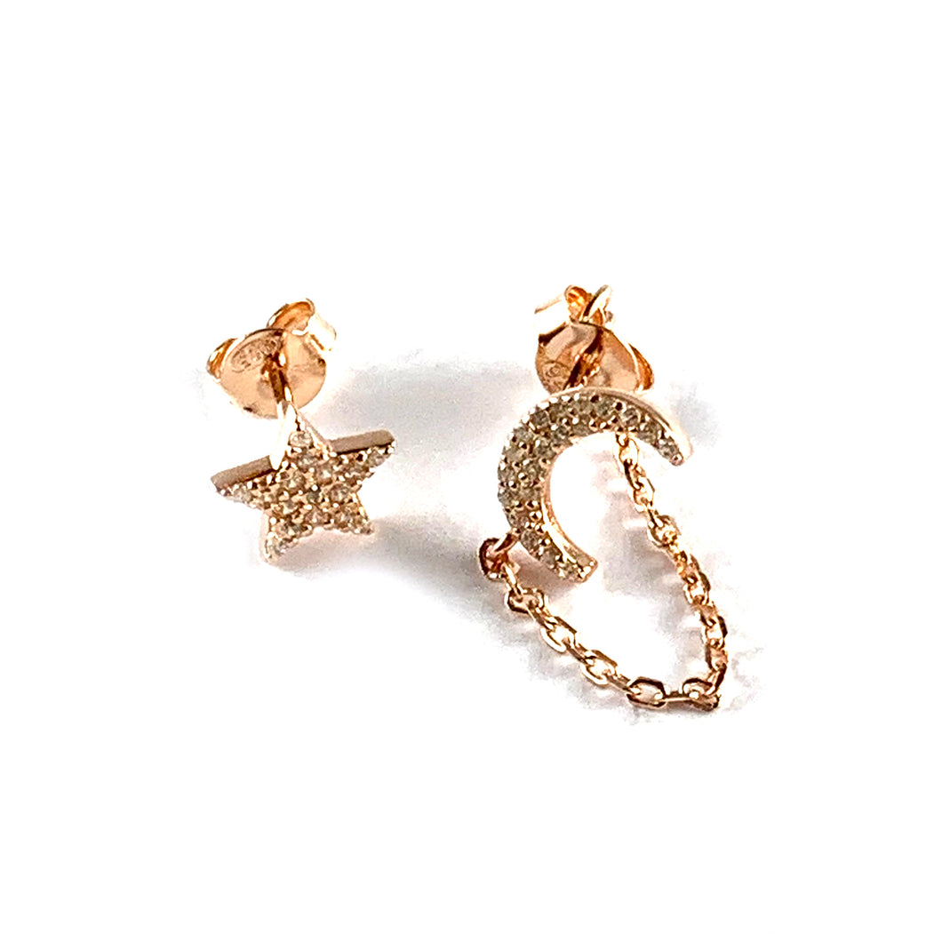 Moon chain star silver studs earring with pink gold plating
