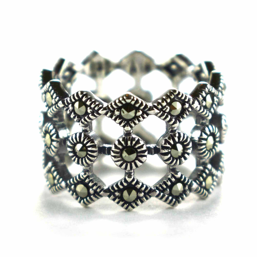 Network pattern silver ring with marcasite