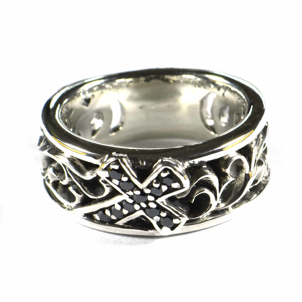 Oblique cross silver ring with black CZ