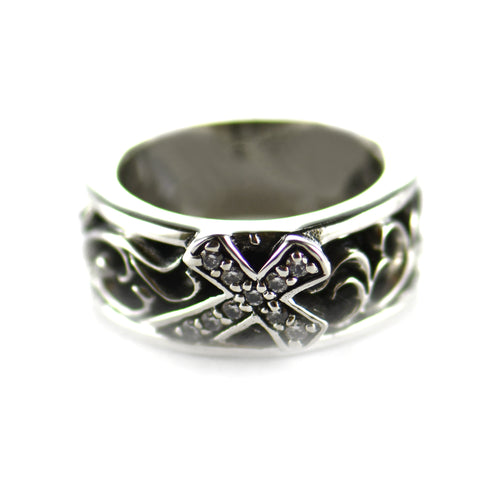 Oblique cross silver ring with white CZ