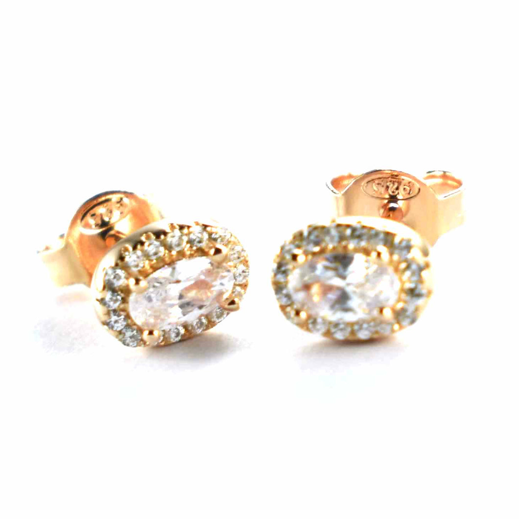 Oval silver stud earring with white CZ & pink gold plating