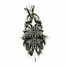 Oval silver pendant with cross pattern & black CZ