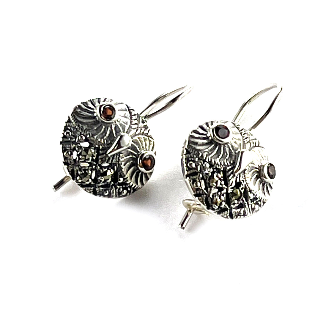 Owl hook silver earring with marcasite & garnet