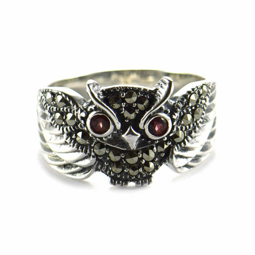 Owl silver ring with marcasite