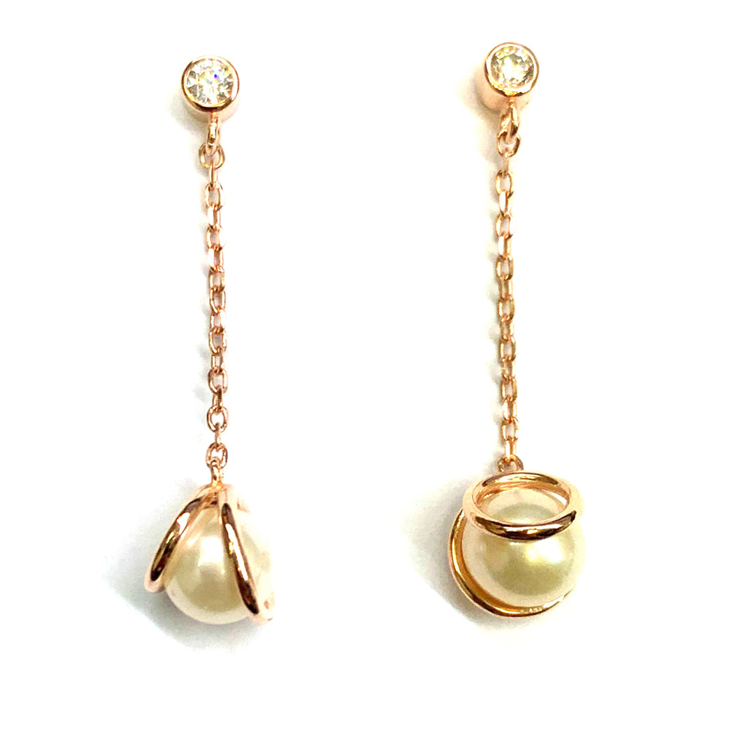 Pearl & chain silver earring with pink gold plating