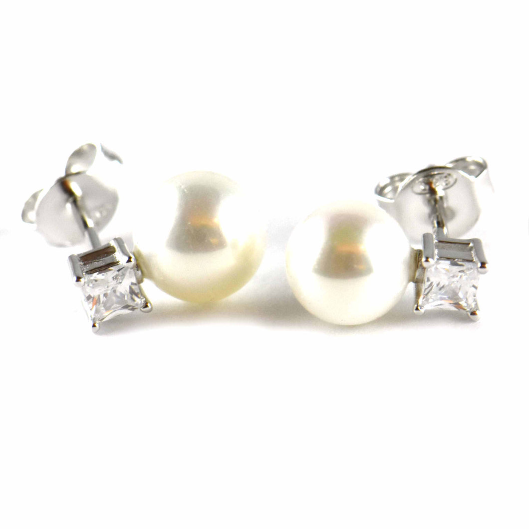 Pearl & square CZ silver studs earring