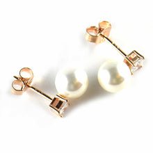 Pearl & square CZ silver studs earring with pink gold plating