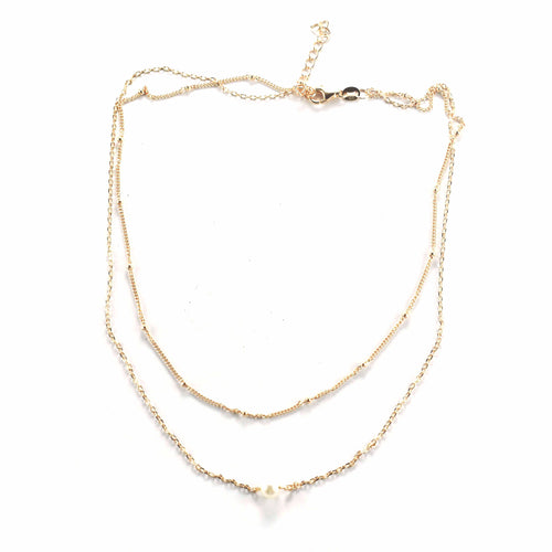 Pearl silver necklace with small ball chain & pink gold plating