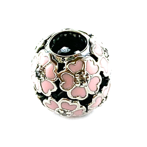 Pink flower silver beads with CZ